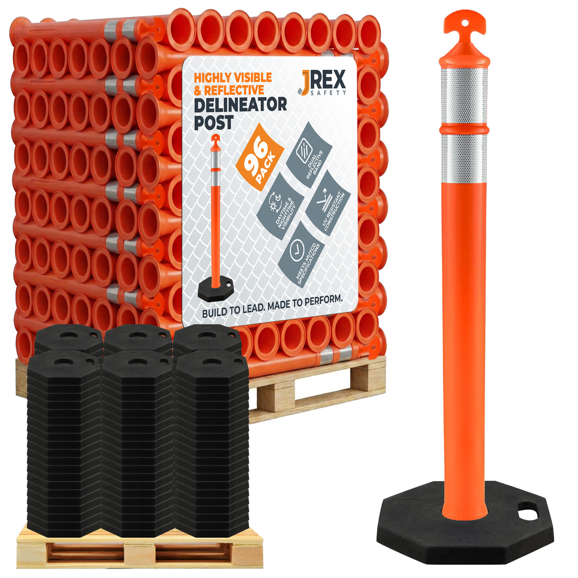 42" T-Top Orange Traffic Delineator Post with 13 LB PVC Base - Full Pallet 96